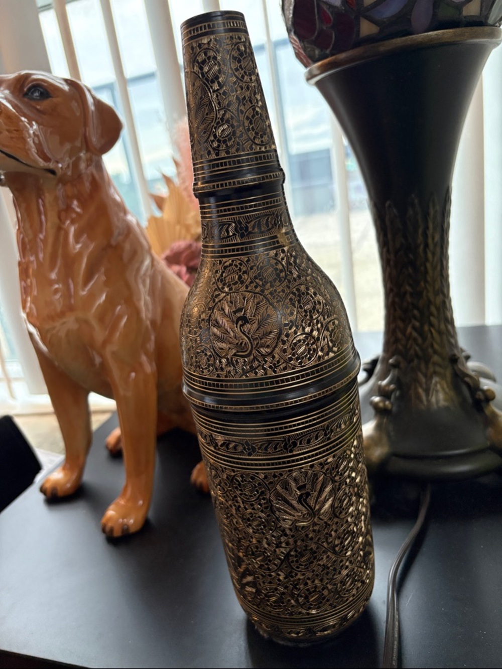 Vintage Ornate Hand Crafted Brass Etched Peacock And Floral Water Or Wine Bottle - Picture 4 of 10